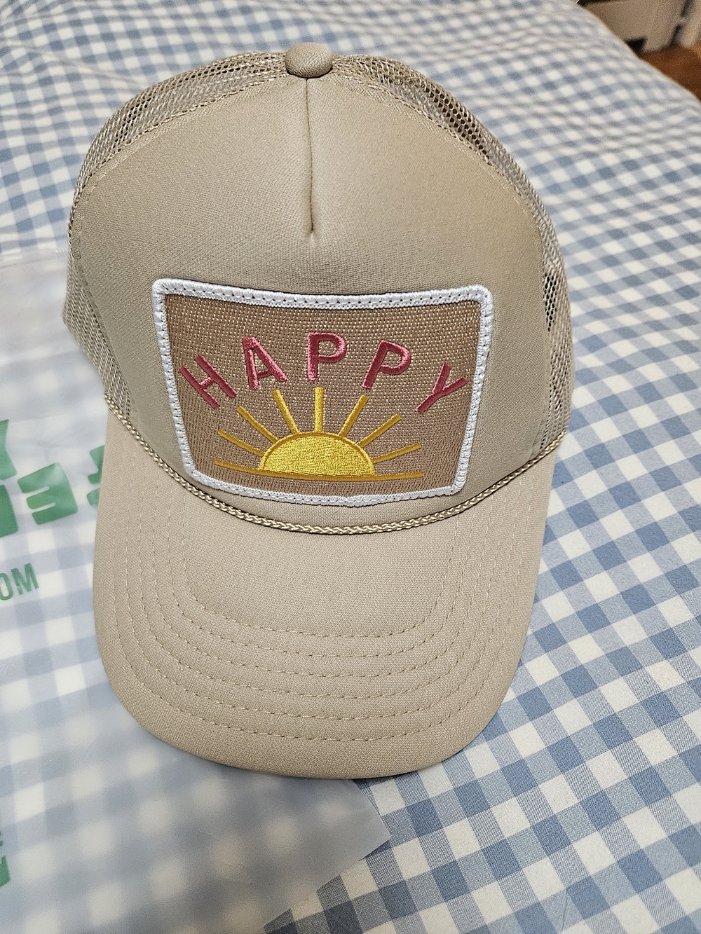 Happy Embroidered Sun Beige Trucker Hat